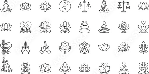 Yoga And Meditation Line Icon Set Featuring Zen Lotus Flowers Buddha Figures Yin Yang Symbols Balance Scales And Praying Hands For Wellness Spirituality And Mindfulness Design