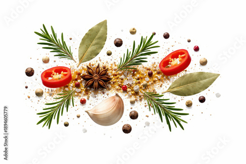 Spice herb garlic chili pepper bay leaf rosemary star anise seasoning ingredient cooking food