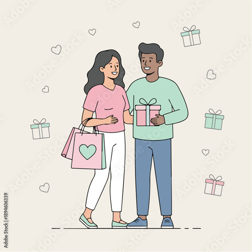 Happy Couple Exchanging Gifts, Romantic Love Illustration