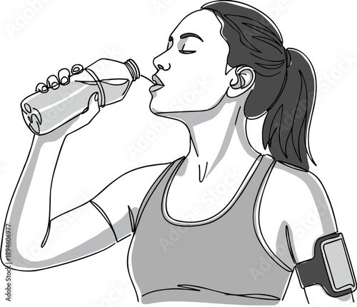 Line drawing of a woman drinking from a bottle