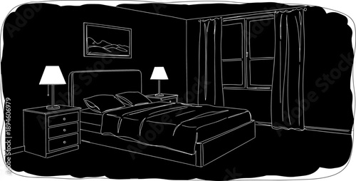 Line drawing of a bedroom with a bed and lamps on a transparent background