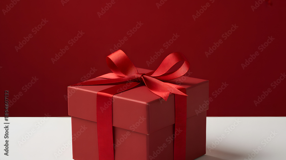 Obraz premium Red gift box with satin ribbon and bow festive surprise for holidays and celebrations isolated on a plain background.