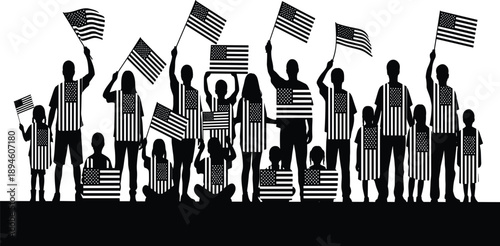 American flag silhouette, patriotic group, unity celebration, children and adults, national pride, black and white vector, USA event, freedom expression
