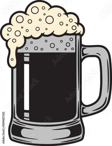 Mug of dark beer with foamy head, refreshing beverage illustration, alcohol drink symbol, pub or celebration drink, graphic element