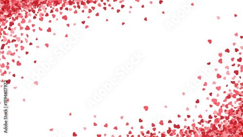 A scattering of tiny red hearts creates a festive and romantic border on a crisp white background, perfect for celebrations