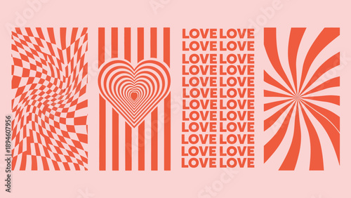 Collection of vibrant retro-inspired graphic patterns including optical illusion checkerboard, striped heart, 'LOVE' text, and radial burst designs for contemporary digital projects