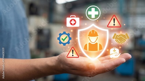 Workplace safety protection concept with health icons on hand