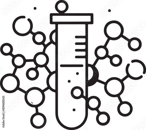 Test tube with bubbles and connected molecules, representing advanced scientific research, chemical reactions and biological processes