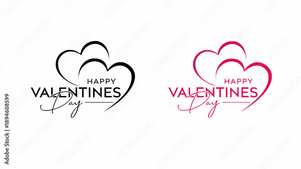 Fototapeta premium Happy Valentines Day two heart shape text designs in black and pink for celebrations and romance
