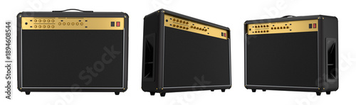 Set of classical electric and acoustic guitar amplifier isolated on white background.
