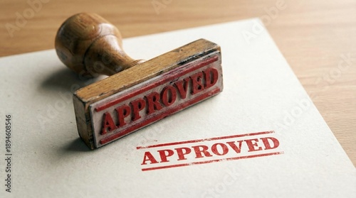 Wallpaper Mural A wooden rubber stamp with the word approved rests on official white paper next to a clearly stamped red approval mark. Torontodigital.ca