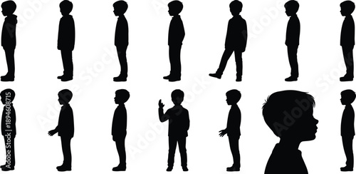 Boy silhouette vector illustration, standing walking child poses, kids profile side view flat design for clipart, educational, animation use
