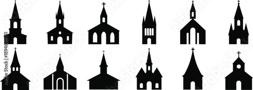 Church building silhouette collection, chapel architecture vector for religious design, logo, print, spiritual decor, and Christian CAD artwork usage