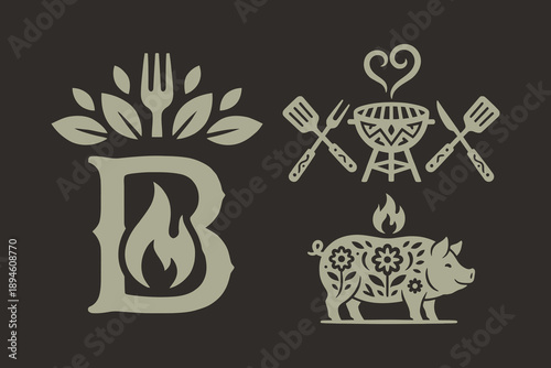 Rustic BBQ and Grill Icons Set for Restaurant Branding