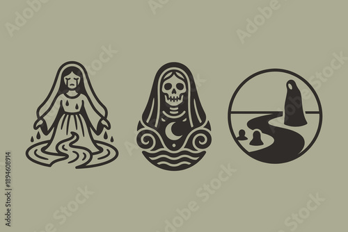 Dark Folklore Spirit Woman and Skull Tattoo Design Vector