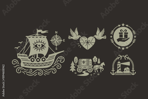 Collection of Vintage Monochrome Emblems for Adventure and Love