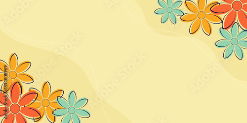 Cheerful Stylized Floral Design with Wavy Yellow Background and Colorful Blossoms in Corners