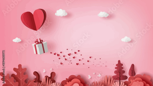 Whimsical romantic paper cut art illustration for Valentine's Day, featuring a flying heart balloon carrying a special gift over a dreamy pink landscape, perfect for love and celebration