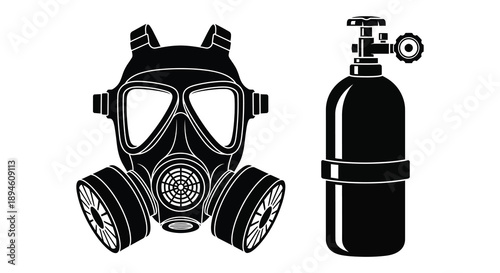 Detailed illustration of a gas mask and oxygen tank ideal for various design projects on transparent background silhouette high quality professional