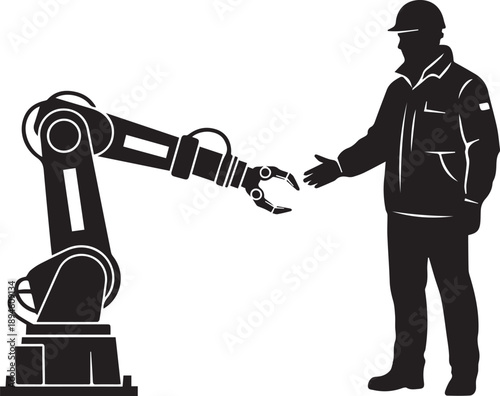 Industrial automation human and robot technology Silhouette vector black on a white background
