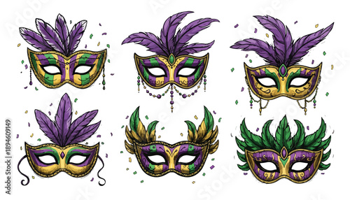 Six colorful Mardi Gras masks with feathers and beads, surrounded by confetti, on a white background.