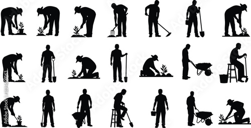 Large Set of Gardener and Farmer Silhouettes Featuring Workers Planting Digging Using Wheelbarrows and Gardening Tools Isolated on White Background for Agriculture Graphic Design
