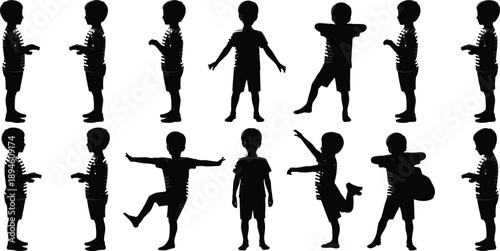 Silhouette of boy playing, walking, posing, standing in various actions for kids design, vector collection, isolated on white background