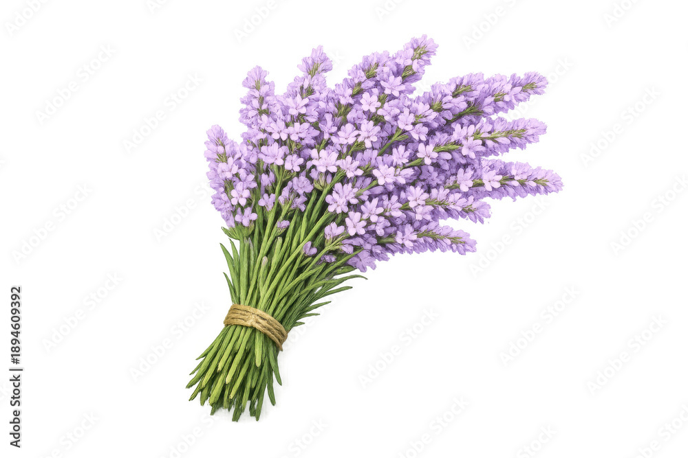 Obraz premium Fresh lavender bouquet tied with string, purple fragrant flowers for aromatherapy, essential oils, and herbal remedies on transparent background