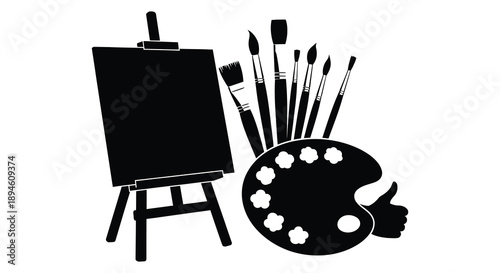 A black silhouette of an artist s easel brushes and palette ideal for design projects on transparent background high quality professional detailed