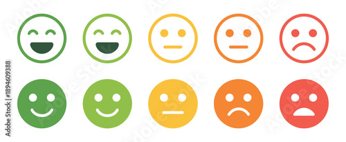 Feedback Emoticons face icon set, happy and sad reactions, good and bad review emojis, mood faces for survey, rating icons, vector illustration.