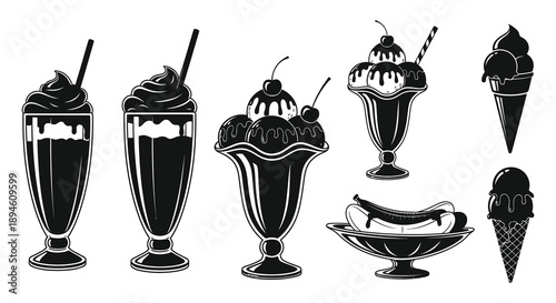 A collection of black ice cream sundaes milkshakes and a hotdog illustration perfect for design projects on transparent background silhouette