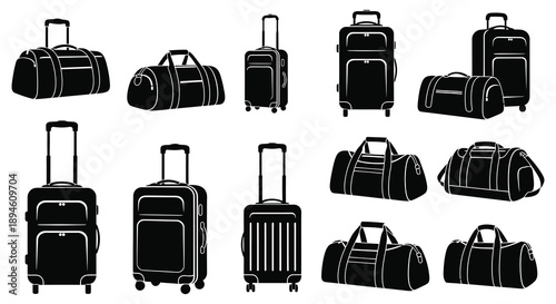 A collection of black luggage items including suitcases and duffel bags presented as a silhouette on transparent background high quality professional