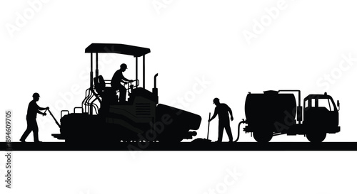 Construction workers operating road paving machinery and a tanker truck depicted in black silhouette on transparent background high quality professional detailed