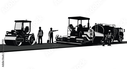 A black silhouette of road construction vehicles and workers on transparent background ideal for design projects high quality professional detailed modern