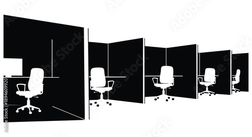 A series of office cubicles receding into the distance depicted as a stark black silhouette on transparent background high quality professional