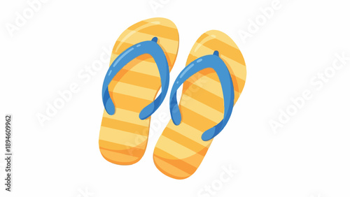 A pair of yellow striped flip flops with blue straps on a white background.