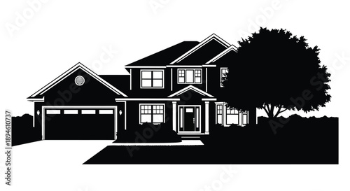 A black and white silhouette of a suburban house with a garage and landscaping on transparent background high quality professional detailed
