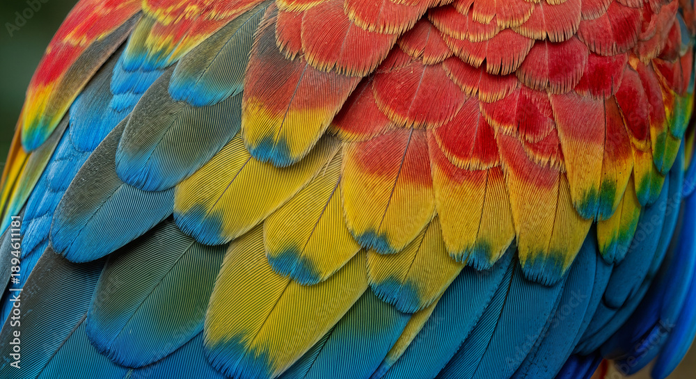 Obraz premium Vibrant parrot feathers display colorful plumage with red yellow blue and green hues in close up view