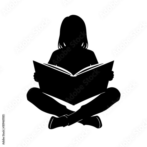 Minimalist Girl Reading Book Silhouette Vector - Sitting Cross-Legged Student Icon