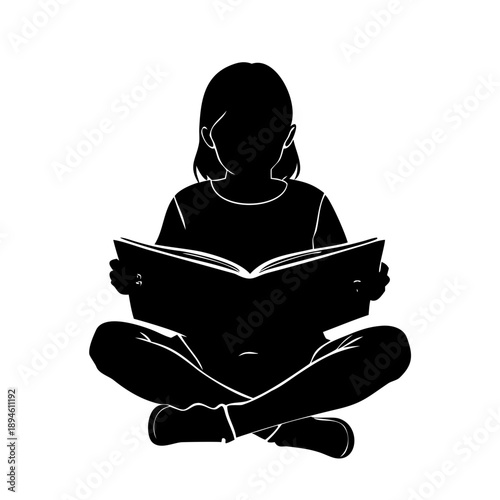 Minimalist Girl Reading Book Silhouette Vector - Sitting Cross-Legged Student Icon