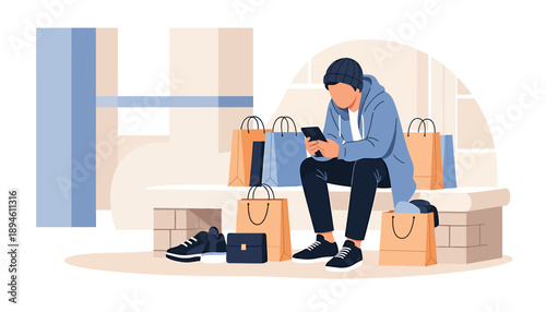 Man sitting with shopping bags and phone.