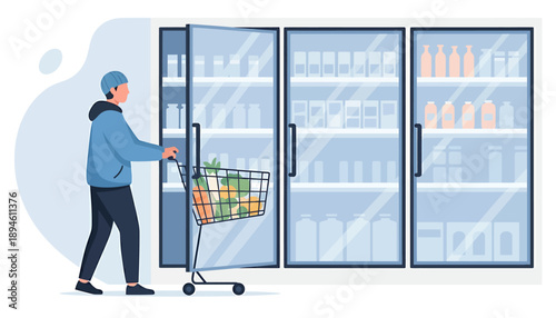 Person pushing shopping cart in front of refrigerated display cases.