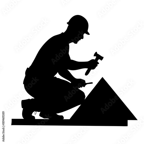 Roofer Construction Worker Silhouette Vector - Carpenter Repairing Roof with Hammer Icon