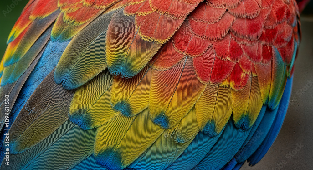 Obraz premium Vibrant colorful parrot wing feathers macro close up showcasing red yellow blue and green plumage texture