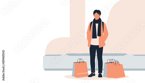 Young Man Standing with Shopping Bags.