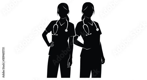 Two female doctors with stethoscopes stand side by side in a striking black silhouette on transparent background high quality professional detailed modern elegant