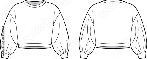 ropped sweatshirt fashion sketch, round neckline, cuffed long sleeves, front and back view, stylish garment drawing, trendy casual apparel template