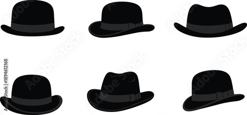 Collection of classic men’s hat silhouettes including bowler hat and fedora designs, stylish vintage fashion headwear icons for apparel illustration