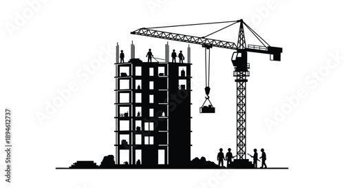 A stark black silhouette of a construction site with a crane and building ideal for design projects on transparent background