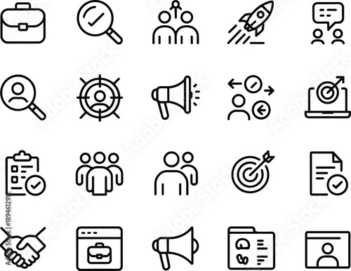 Business and teamwork icon set, briefcase, magnifying glass, group, rocket launch, communication, target, checklist, handshake, profile, marketing, leadership, success
